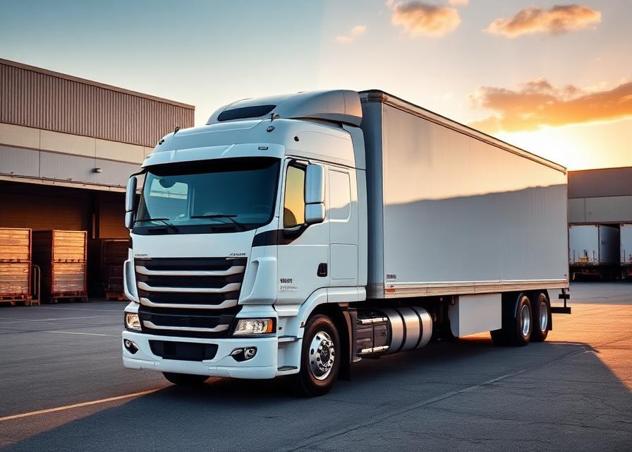 White Areo dry van semi-truck at the loading yard